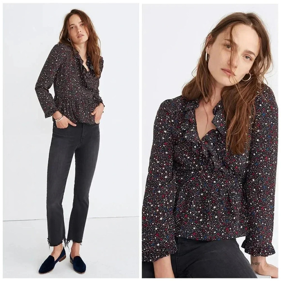 Madewell Silk Ruffle-Hem Wrap Top in Starry Night - Picture 1 of 10